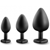 Набор из 3 черных пробок с прозрачным кристаллом-сердечком Bling Plugs Training Kit - Blush Novelties - купить с доставкой в Челябинске
