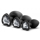 Набор из 3 черных пробок с прозрачным кристаллом-сердечком Bling Plugs Training Kit - Blush Novelties - купить с доставкой в Челябинске