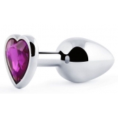 Серебристая анальная пробка с фиолетовым кристаллом-сердечком - 8 см. - Anal Jewelry Plug - купить с доставкой в Челябинске