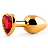 Золотистая анальная пробка с красным стразом-сердечком - 8 см. - Anal Jewelry Plug - купить с доставкой в Челябинске