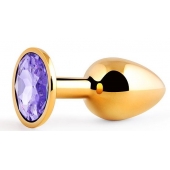 Золотистая анальная пробка с фиолетовым стразом - 7,2 см. - Anal Jewelry Plug - купить с доставкой в Челябинске