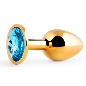 Золотистая анальная пробка с голубым стразом - 7,2 см. - Anal Jewelry Plug - купить с доставкой в Челябинске