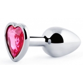 Серебристая анальная пробка с розовым кристаллом-сердечком - 7 см. - Anal Jewelry Plug - купить с доставкой в Челябинске