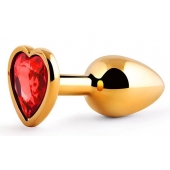 Золотистая анальная пробка с красным стразом-сердечком - 7 см. - Anal Jewelry Plug - купить с доставкой в Челябинске