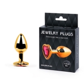 Золотистая анальная пробка с малиновым кристаллом-сердечком - 7 см. - Anal Jewelry Plug - купить с доставкой в Челябинске