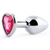 Серебристая анальная пробка с малиновым кристаллом-сердечком - 7 см. - Anal Jewelry Plug - купить с доставкой в Челябинске