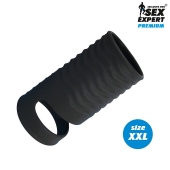 Черная открытая насадка на пенис с кольцом для мошонки XXL-size - 9,4 см. - Sex Expert - в Челябинске купить с доставкой