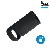 Черная открытая насадка на пенис с кольцом для мошонки size M - 7,9 см. - Sex Expert - в Челябинске купить с доставкой
