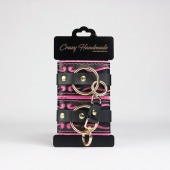 Черные кожаные наручники с розовой строчкой - Crazy Handmade - купить с доставкой в Челябинске