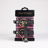 Черные кожаные оковы с розовой строчкой - Crazy Handmade - купить с доставкой в Челябинске
