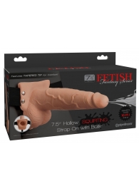 Телесный полый страпон с имитацией эякуляции 7.5  Hollow Squirting Strap-On with Balls Flesh - 21,6 см. - Pipedream - купить с доставкой в Челябинске