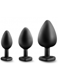 Набор из 3 черных пробок с прозрачным кристаллом-сердечком Bling Plugs Training Kit - Blush Novelties - купить с доставкой в Челябинске
