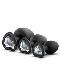 Набор из 3 черных пробок с прозрачным кристаллом-сердечком Bling Plugs Training Kit - Blush Novelties - купить с доставкой в Челябинске