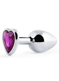 Серебристая анальная пробка с фиолетовым кристаллом-сердечком - 8 см. - Anal Jewelry Plug - купить с доставкой в Челябинске