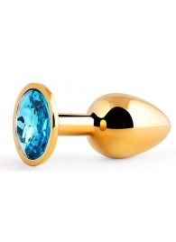 Золотистая анальная пробка с голубым стразом - 7,2 см. - Anal Jewelry Plug - купить с доставкой в Челябинске