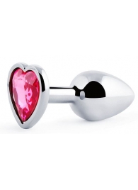 Серебристая анальная пробка с розовым кристаллом-сердечком - 7 см. - Anal Jewelry Plug - купить с доставкой в Челябинске