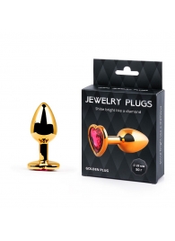 Золотистая анальная пробка с малиновым кристаллом-сердечком - 7 см. - Anal Jewelry Plug - купить с доставкой в Челябинске