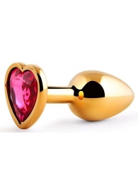 Золотистая анальная пробка с малиновым кристаллом-сердечком - 7 см. - Anal Jewelry Plug - купить с доставкой в Челябинске