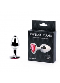 Серебристая анальная пробка с малиновым кристаллом-сердечком - 7 см. - Anal Jewelry Plug - купить с доставкой в Челябинске