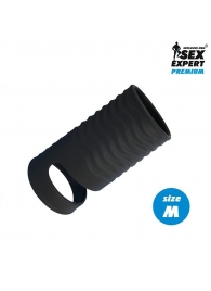 Черная открытая насадка на пенис с кольцом для мошонки size M - 7,9 см. - Sex Expert - в Челябинске купить с доставкой