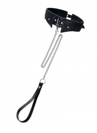 Черный кожаный ошейник-воротник с поводком - Pecado - купить с доставкой в Челябинске