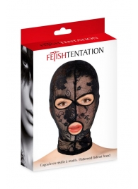 Черная кружевная маска на голову с отверстиями для глаз и рта - Fetish Tentation - купить с доставкой в Челябинске