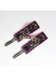Черные кожаные наручники с розовой строчкой - Crazy Handmade - купить с доставкой в Челябинске