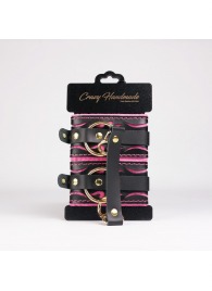 Черные кожаные оковы с розовой строчкой - Crazy Handmade - купить с доставкой в Челябинске