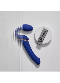 Синий безремневой страпон Multi Orgasm Bendable Strap-On size L с клиторальной стимуляцией - Strap-on-me - купить с доставкой в Челябинске