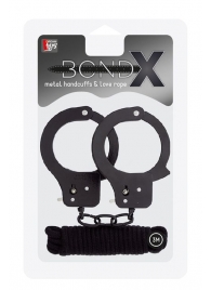 Чёрные наручники из листового металла в комплекте с веревкой BONDX METAL CUFFS LOVE ROPE SET - Dream Toys - купить с доставкой в Челябинске
