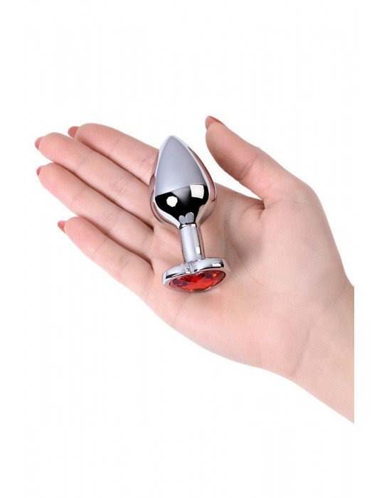 Серебристая коническая анальная пробка с красным кристаллом-сердечком - 7 см. - ToyFa - купить с доставкой в Челябинске