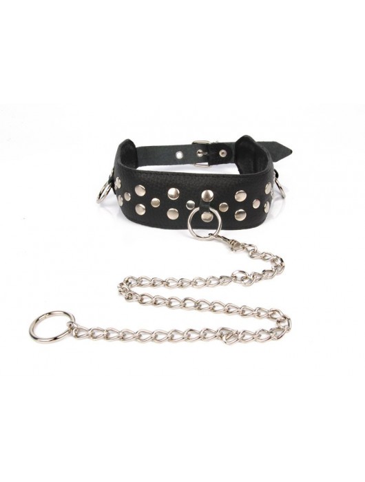 Черный ошейник с заклепками с металлическим поводком-цепочкой - Notabu - купить с доставкой в Челябинске