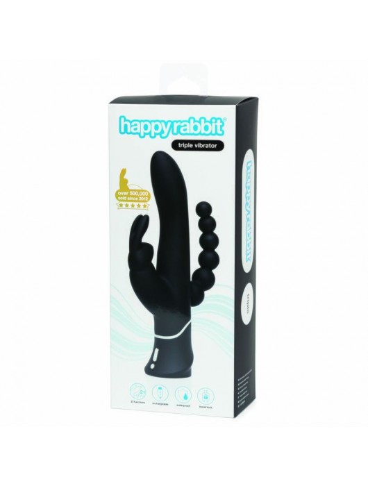 Черный перезаряжаемый вибратор Triple Curve Rechargeable Rabbit Vibrator - 25,4 см. - Happy Rabbit