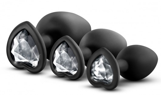Набор из 3 черных пробок с прозрачным кристаллом-сердечком Bling Plugs Training Kit - Blush Novelties - купить с доставкой в Челябинске