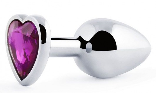 Серебристая анальная пробка с фиолетовым кристаллом-сердечком - 8 см. - Anal Jewelry Plug - купить с доставкой в Челябинске