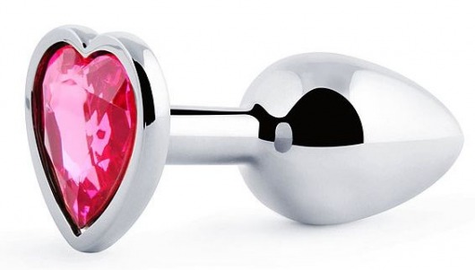 Серебристая анальная пробка с розовым кристаллом-сердечком - 7 см. - Anal Jewelry Plug - купить с доставкой в Челябинске