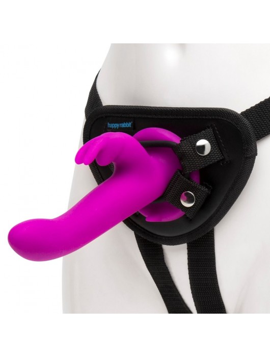Лиловый страпон Rechargeable Vibrating Strap-On Harness Set - 17,6 см. - Happy Rabbit - купить с доставкой в Челябинске