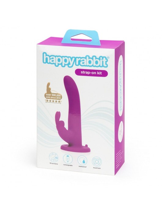 Лиловый страпон Rechargeable Vibrating Strap-On Harness Set - 17,6 см. - Happy Rabbit - купить с доставкой в Челябинске