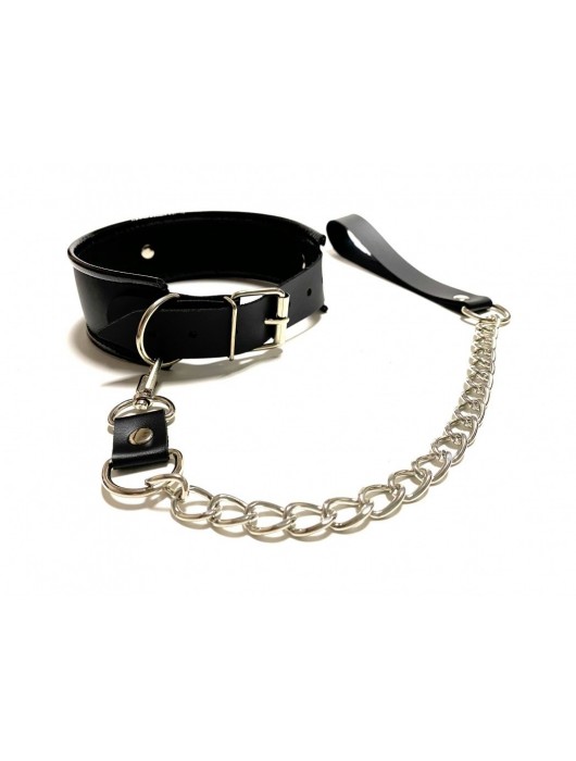 Черный ошейник с поводком из эко-кожи - БДСМ Арсенал - купить с доставкой в Челябинске