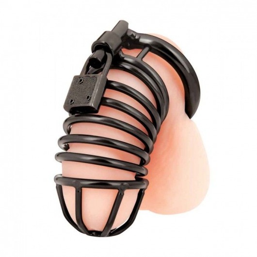 Черная металлическая клетка с замком Deluxe Chastity Cage - BlueLine - купить с доставкой в Челябинске