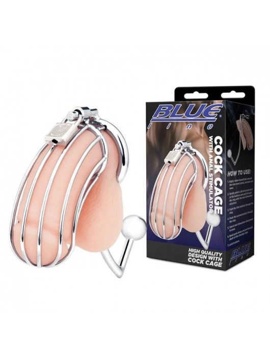 Серебристая металлическая клетка с анальным стимулятором Cock Cage - BlueLine - купить с доставкой в Челябинске