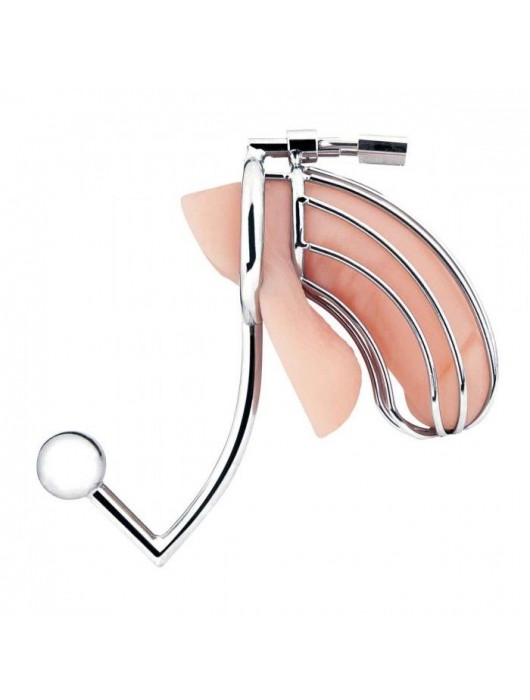 Серебристая металлическая клетка с анальным стимулятором Cock Cage - BlueLine - купить с доставкой в Челябинске