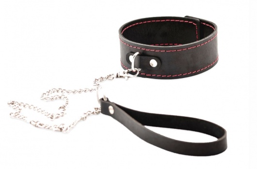 Черный широкий ошейник с красной строчкой и поводком - Crazy Handmade - купить с доставкой в Челябинске