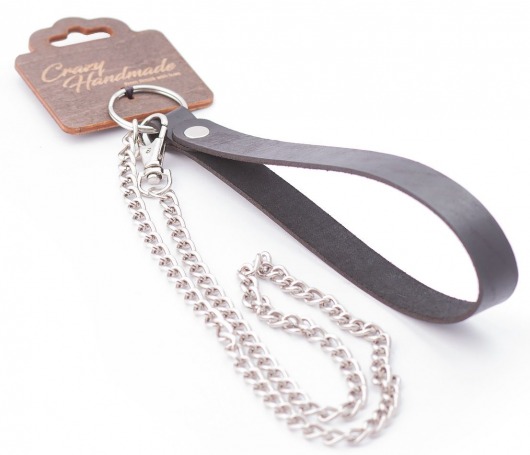 Серебристый металлический поводок с кожаной черной ручкой - 80 см. - Crazy Handmade - купить с доставкой в Челябинске