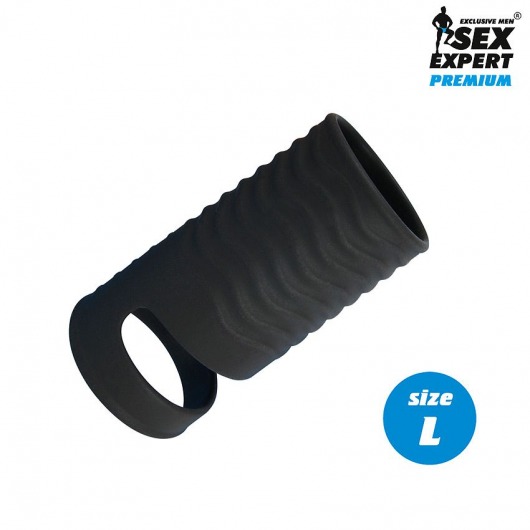 Черная открытая насадка на пенис с кольцом для мошонки L-size - 8,5 см. - Sex Expert - в Челябинске купить с доставкой