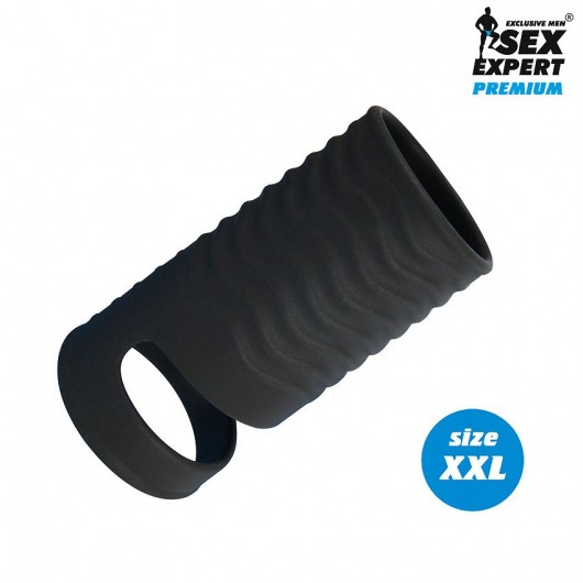 Черная открытая насадка на пенис с кольцом для мошонки XXL-size - 9,4 см. - Sex Expert - в Челябинске купить с доставкой