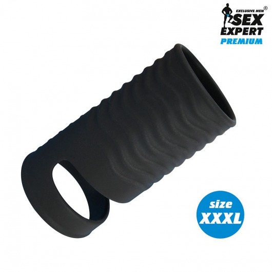 Черная открытая насадка на пенис с кольцом для мошонки XXXL-size - 9,9 см. - Sex Expert - в Челябинске купить с доставкой