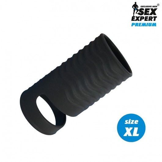 Черная открытая насадка на пенис с кольцом для мошонки XL-size - 8,9 см. - Sex Expert - в Челябинске купить с доставкой