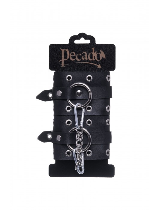 Черные кожаные однослойные наручники с люверсами - Pecado - купить с доставкой в Челябинске