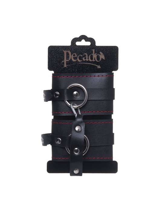 Черные кожаные однослойные оковы с контрастной строчкой - Pecado - купить с доставкой в Челябинске